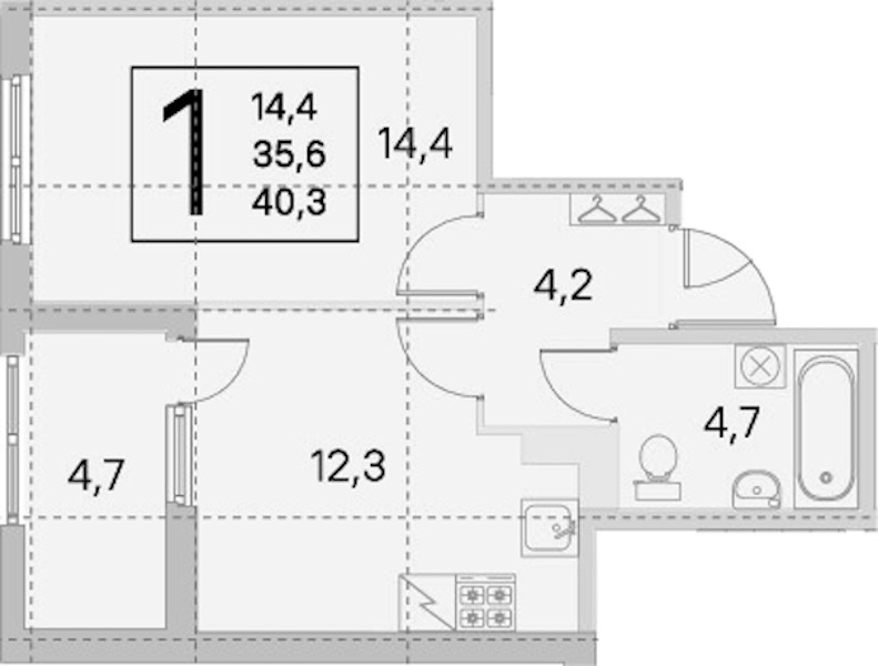 1-комнатная квартира 35.6 м², 5/5 эт., ЖК «ЮгТаун. Олимпийские кварталы»